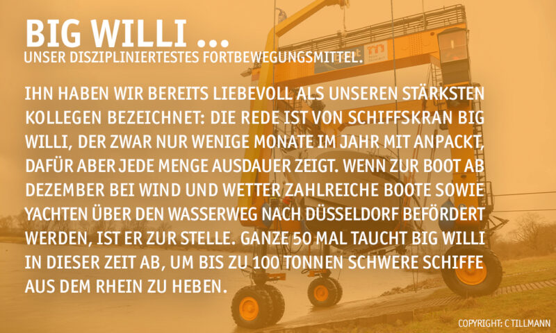 Das Visual erläutert den Einsatz von Schiffskran BIG WILLI durch die Messe Düsseldorf.